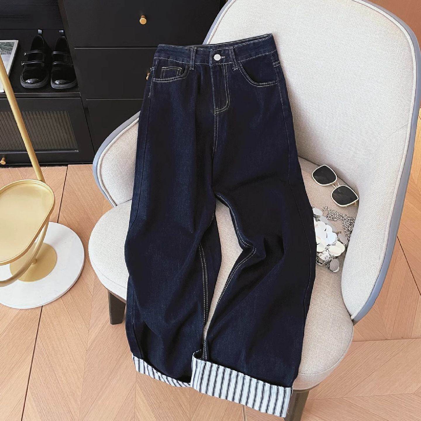 丹宁蓝翻边阔腿牛仔裤女秋冬新款百搭高腰显瘦卷边窄版直筒九分裤