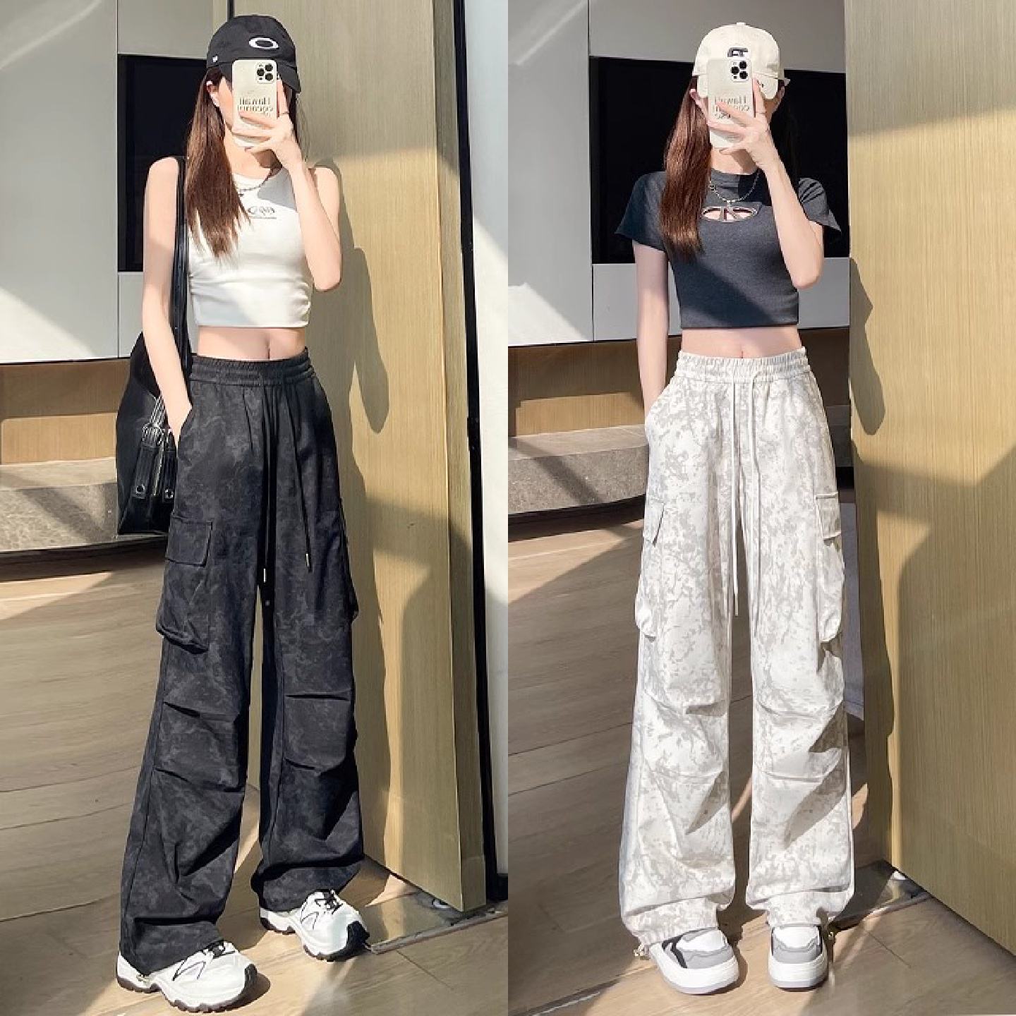 黑色扎染工装裤女春秋夏季2025新款高腰阔腿小个子速干迷彩运动裤