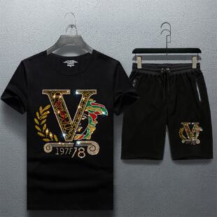 2026欧洲站休闲套装男夏季帅气烫钻短袖恤短裤潮精神小伙新款潮潮