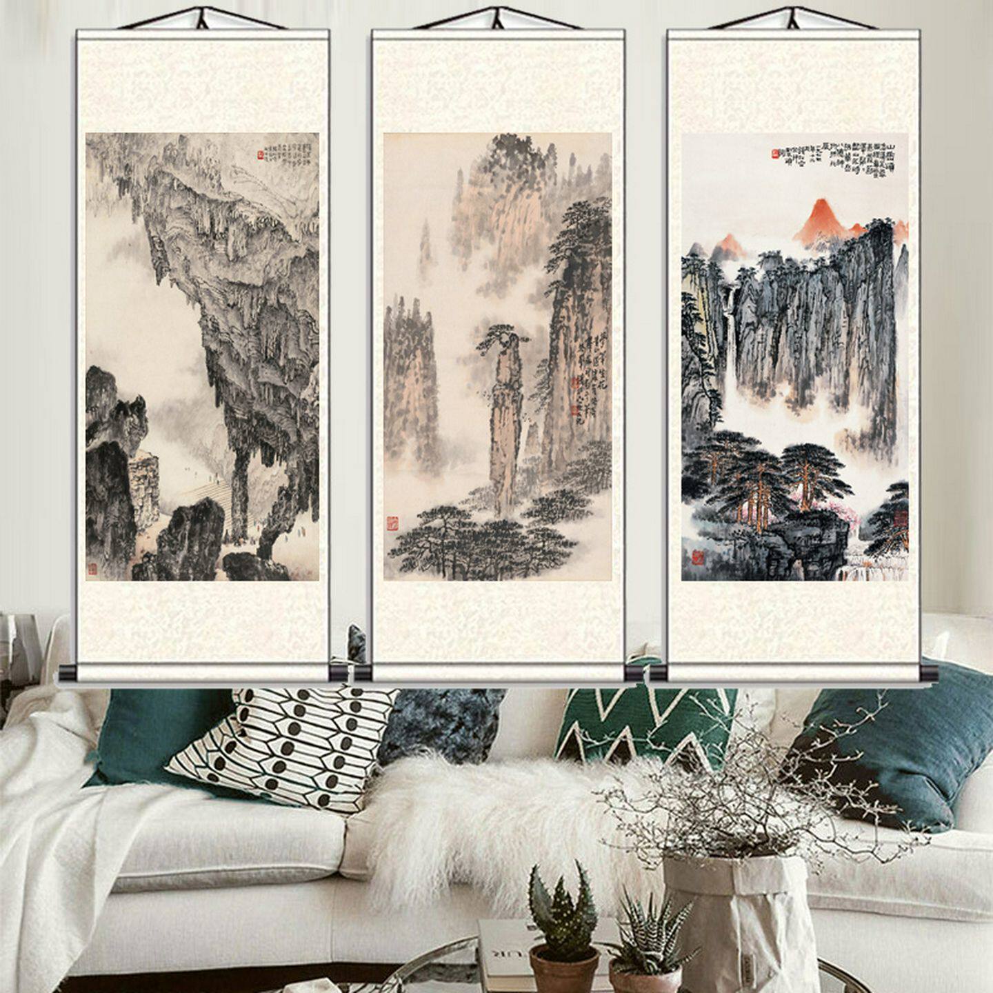 钱松岩名家字画书法山水画丝绸画卷轴画家居装饰条幅客厅玄关挂画