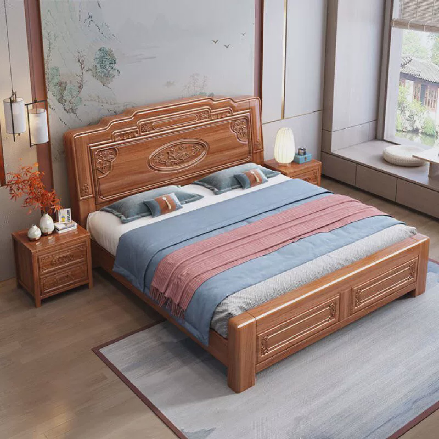 中式金花梨木全实木床双人床1.8米卯榫结构1.5米彷古雕花主卧大床