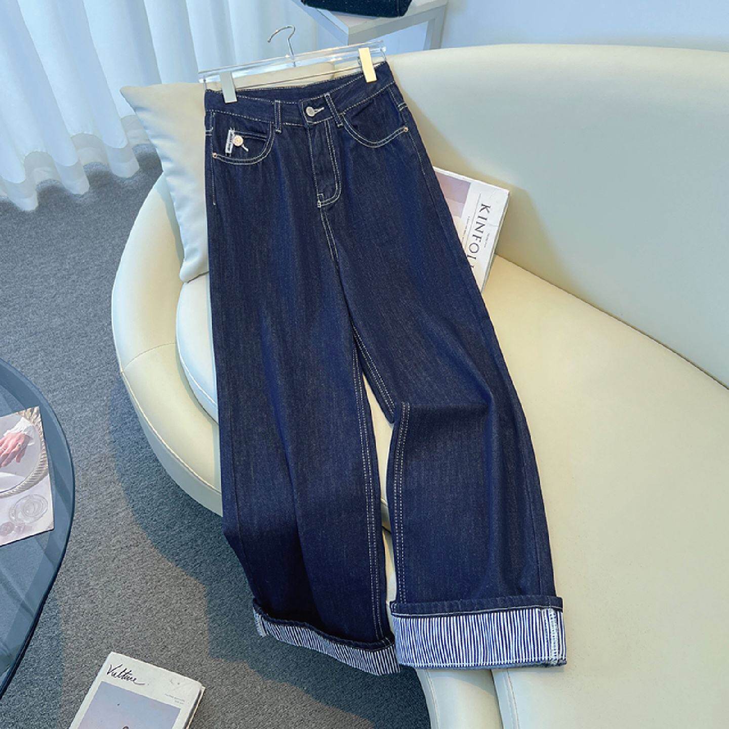 翻边深蓝色牛仔裤女秋冬新款小个子高腰显瘦宽松直筒窄版阔腿裤子