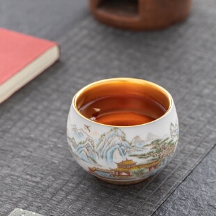 羊脂玉茶杯主人杯白瓷建盏小茶碗鎏金杯福虎临门木叶盏品茗杯