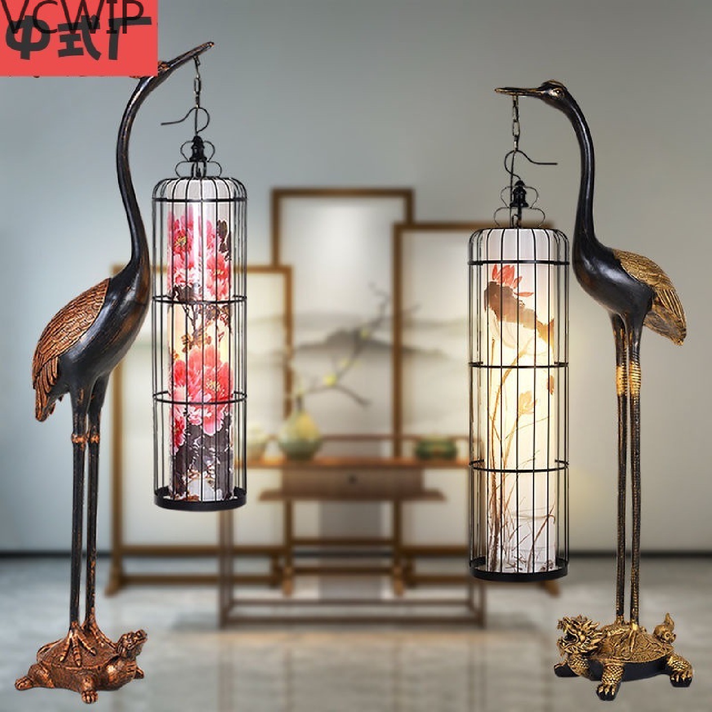 仙鹤落地灯新中式仿古客厅书房摆件创意茶楼酒店龟鹤延年立式leb