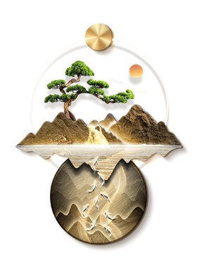 新中式迎客松玄关装饰画九鱼图入户走廊过道led壁灯挂画山水壁画