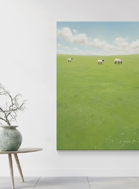 绿色大草原风景手绘油画小清新治愈系客厅装饰画绵羊肌理玄关挂画