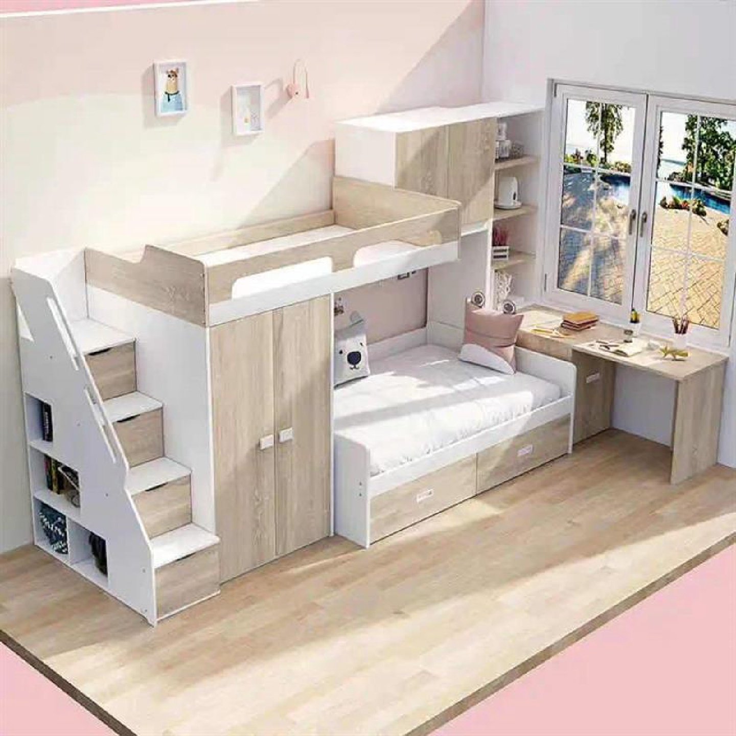 儿童床多功能上下床平行交错床带衣柜子母床高低床小户型组合床