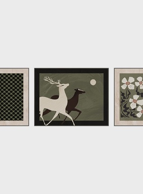 《呦呦鹿鸣》中古风墨绿色三联客厅装饰画三联花卉沙发背景墙挂画