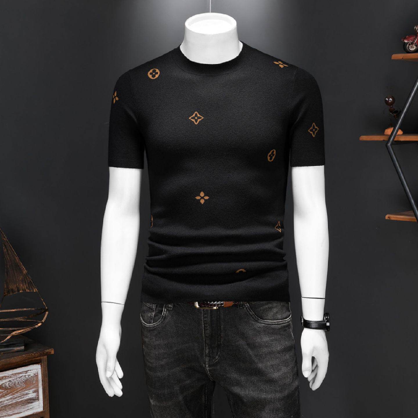 春装欧洲站男士短袖羊毛衫个性针织衫潮牌保暖套头圆领打底衫毛衣