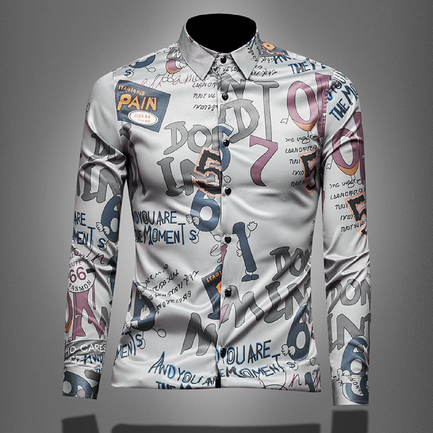 2026欧洲站长袖衬衫男潮牌字母印花春秋季新款青年修身韩版大码衬