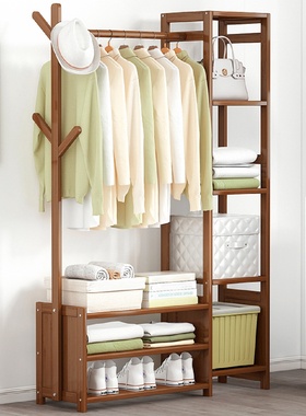 批发门口简易家用鞋柜衣帽架一体挂衣架落地式卧室实木多层收