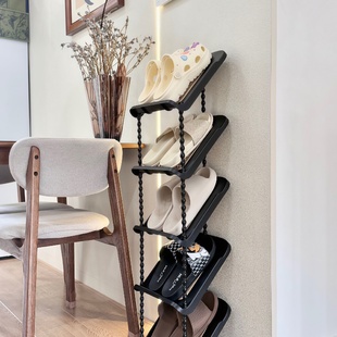 藤编纹中古风鞋架家用入户门玄关倾斜多层鞋子多功能置物架