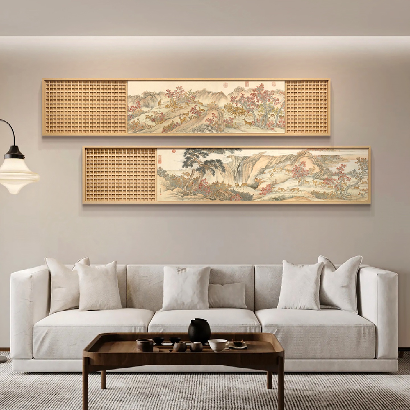 新中式客厅沙发背景墙装饰画福鹿平安图茶室山水风景长条立体挂画图片