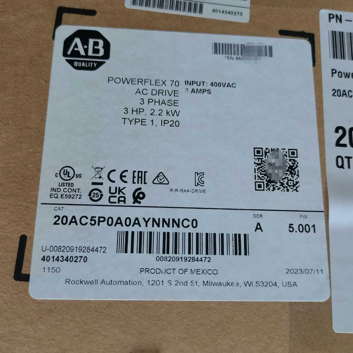 【议价】20AC5P0A0AYNNNC0，AB罗克韦尔变频器，原适用