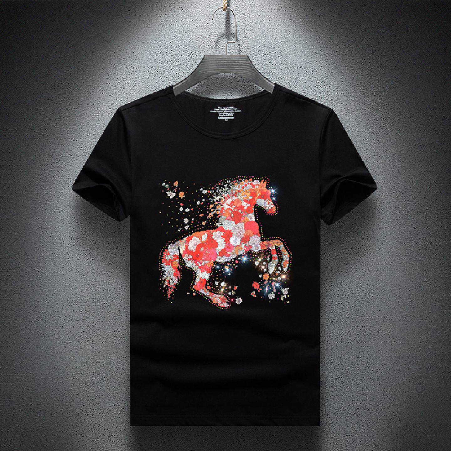 2026夏季男士印花烫钻短袖恤新款镭射上衣圆领大码修身短潮