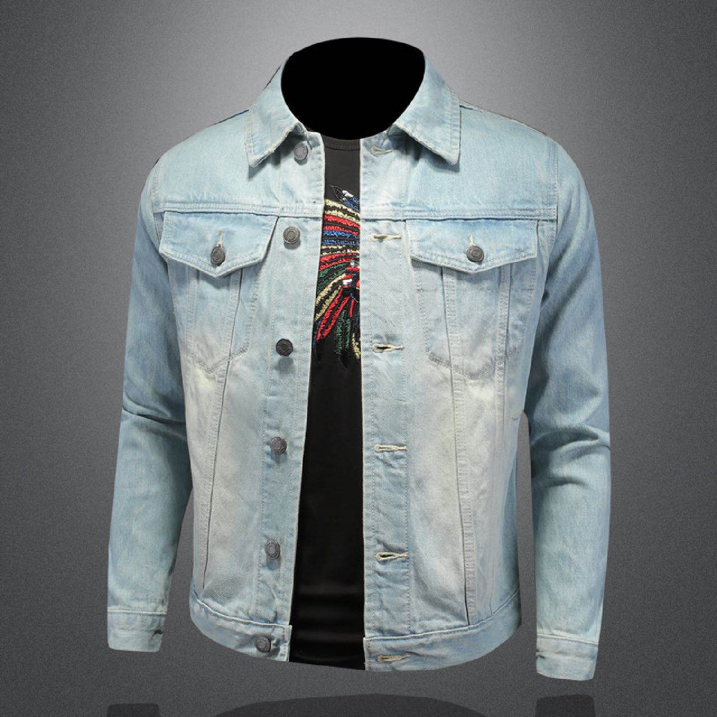 欧洲站重磅浅色牛仔外套男士春秋季新款潮流韩版修身个性夹克潮男