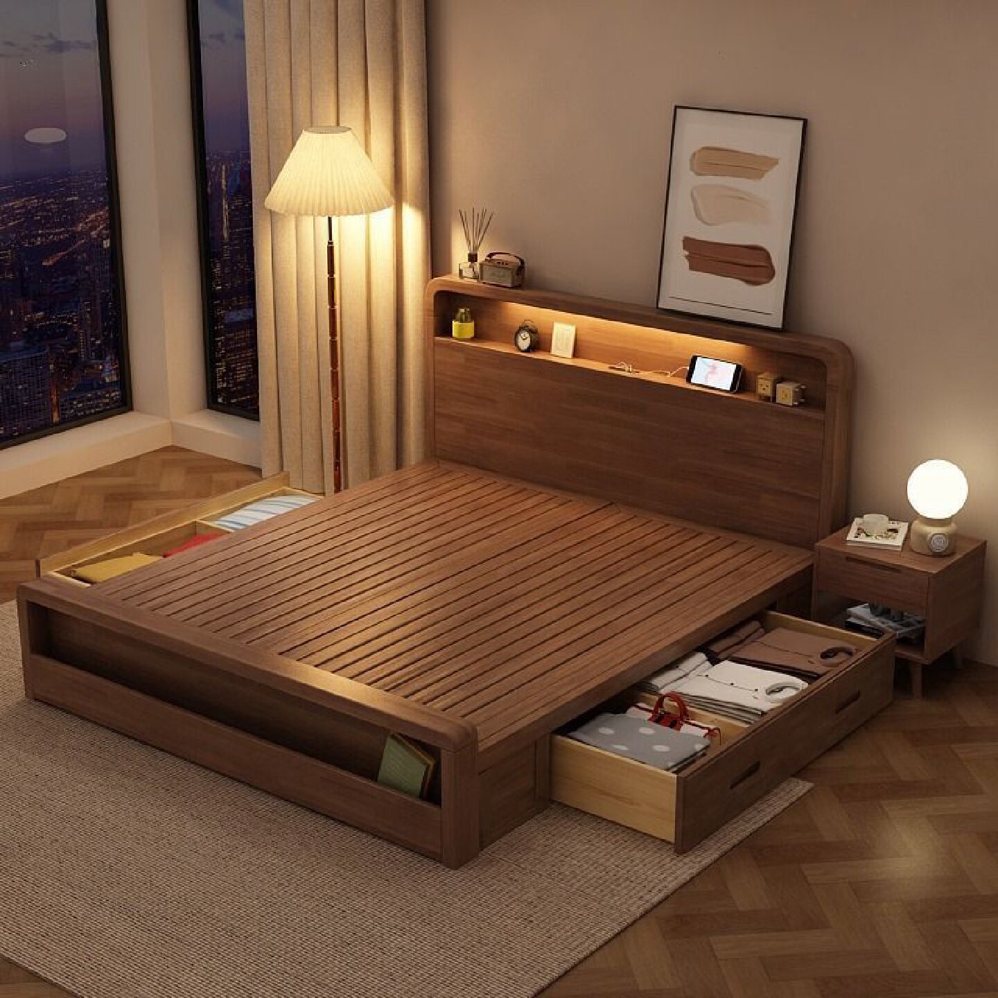 北欧现代实木床现代简约北欧胡桃色..单双人床主卧婚床经济型储物