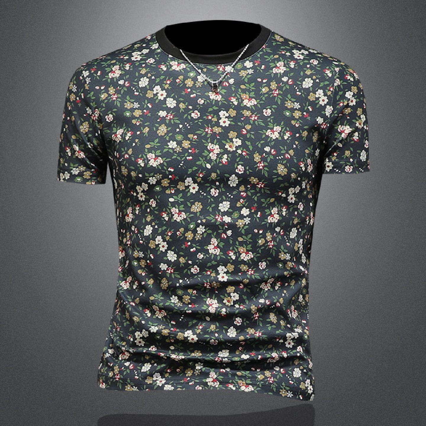 夏装男士圆领短袖恤衫个性小碎花修身潮流休闲青年百搭夜店潮男装