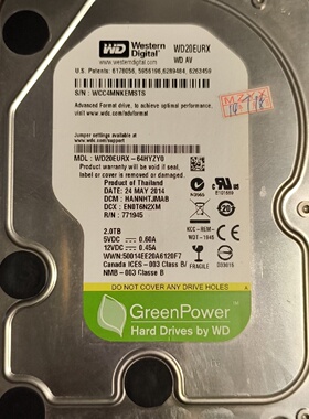 西数2T绿盘机械型号WD20EURX2014年泰国产议价