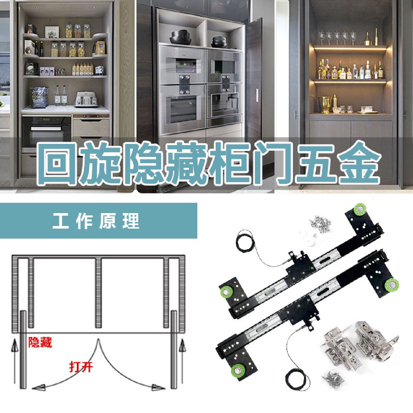 隐藏折叠门回旋门滑轨橱柜衣柜侧装插入式滚轮轨道伸缩五金配件