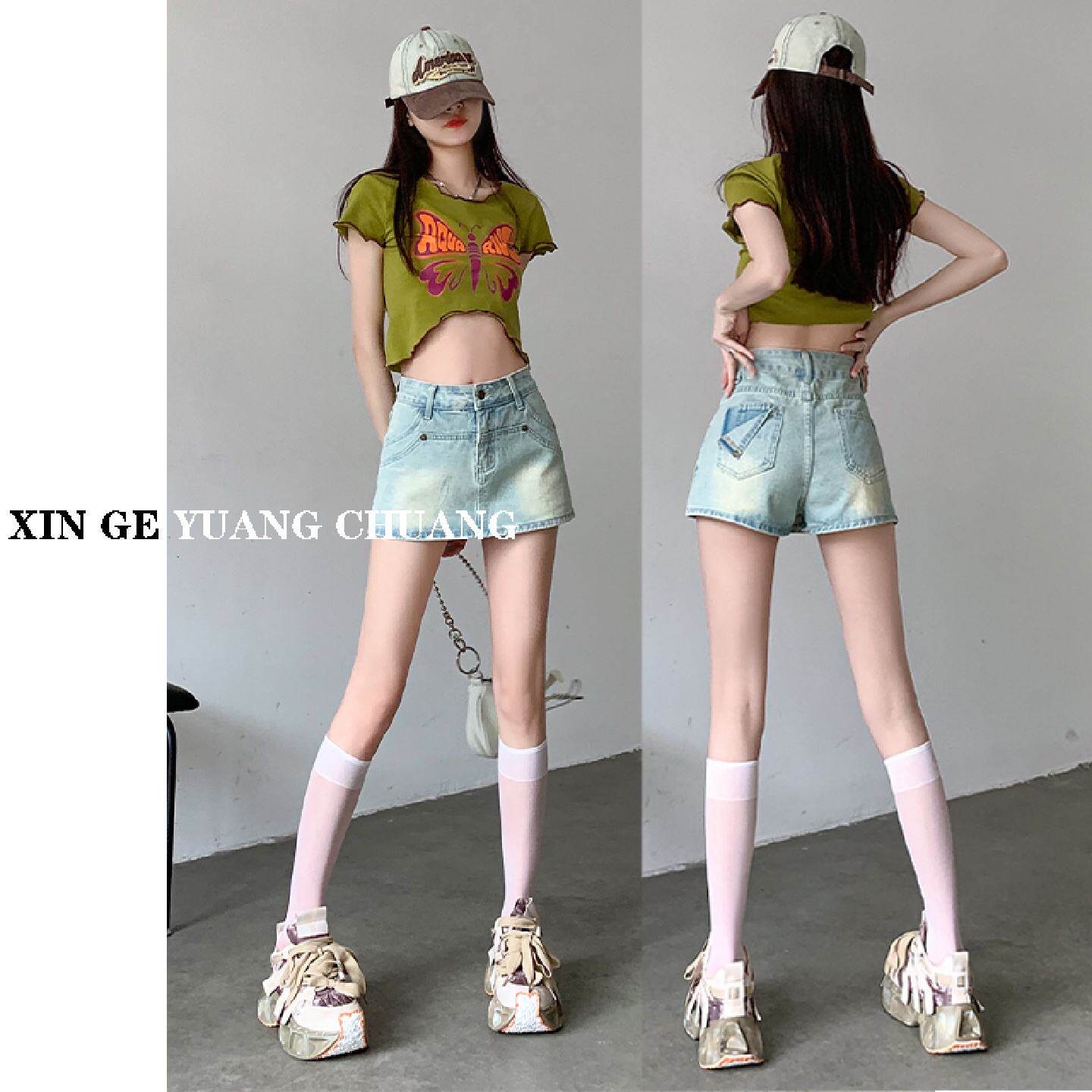 美式浅色高腰a字牛仔半身短裙女夏季新款小个子辣妹短裤包臀裙裤