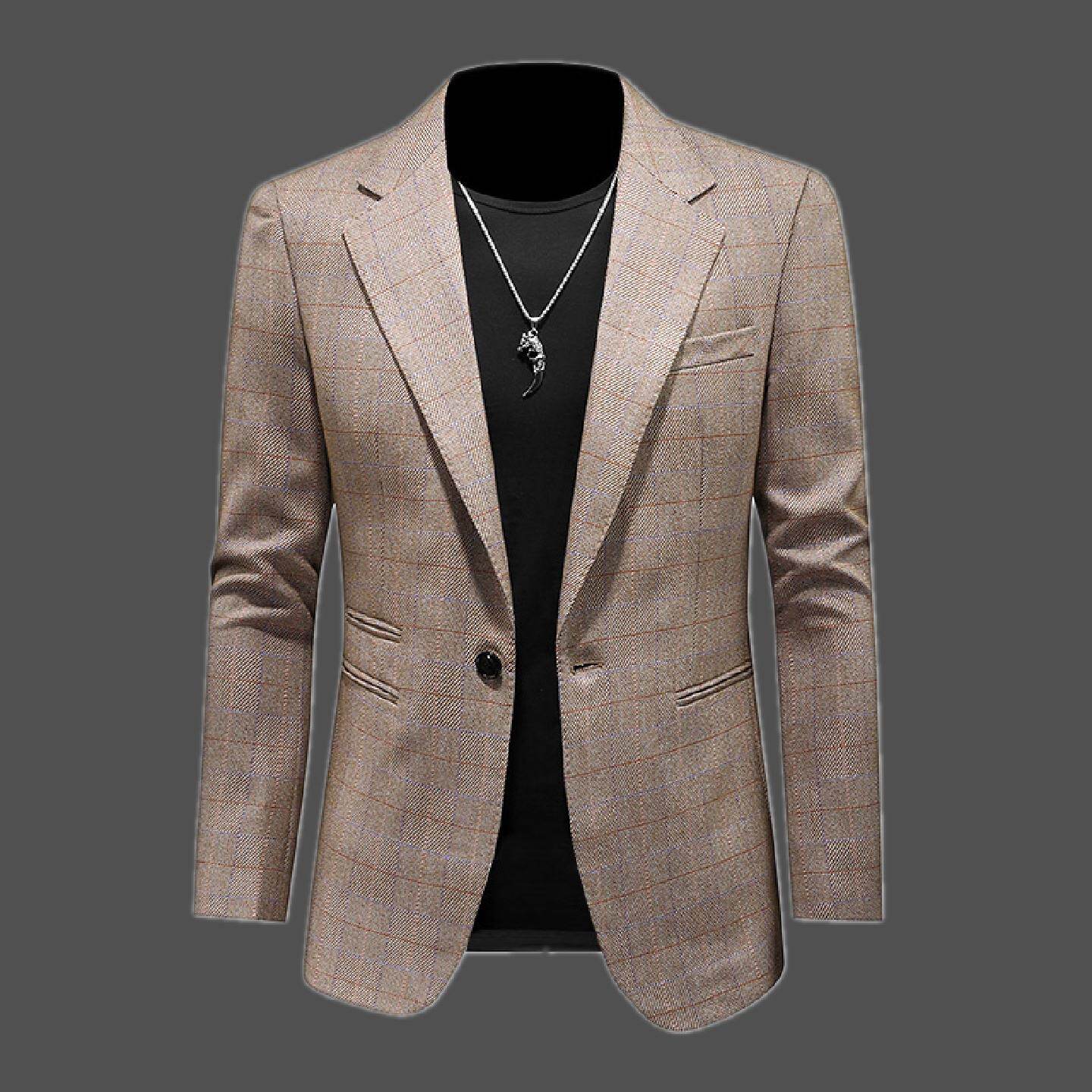 2026春季新款格子西服拼接设计感撞色西装男士便服单西大码休闲外