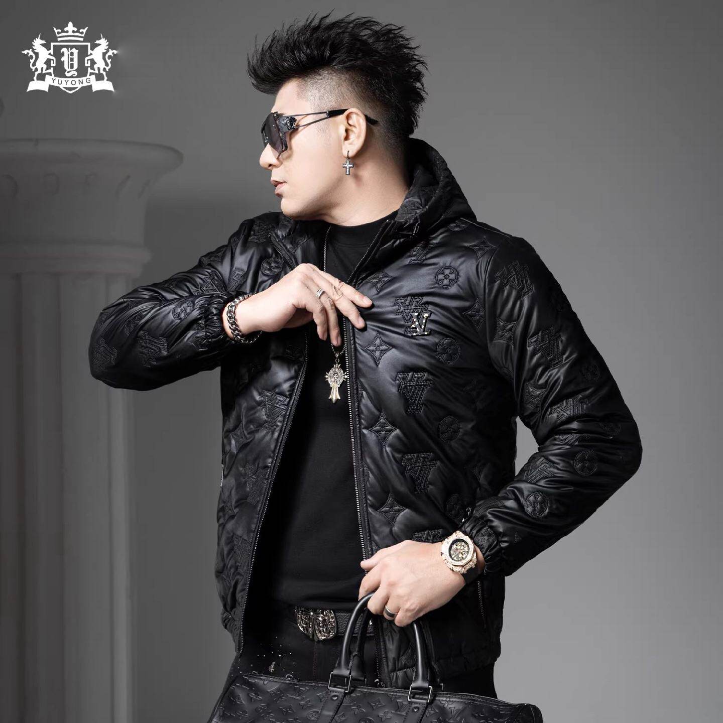 欧货潮牌徽章连帽棉服男士冬季新款加绒棉衣保暖防寒夹克外套潮男