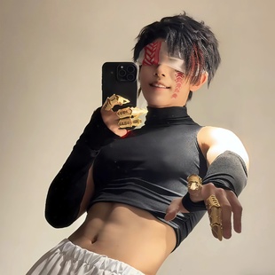 终末的女武神嬴政cos服动漫周边肌肉健身衣性感黑色露腹肌紧身衣