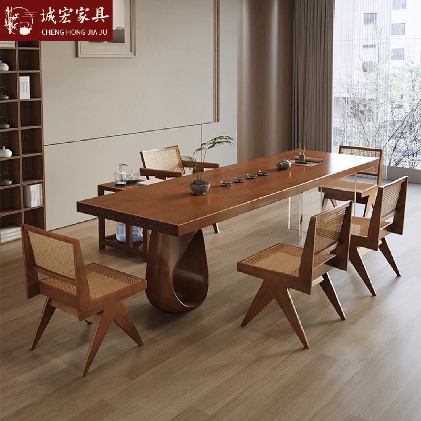 诚宏现代简约实木茶桌椅组合一桌五椅亚克力原木茶台泡茶桌大板桌