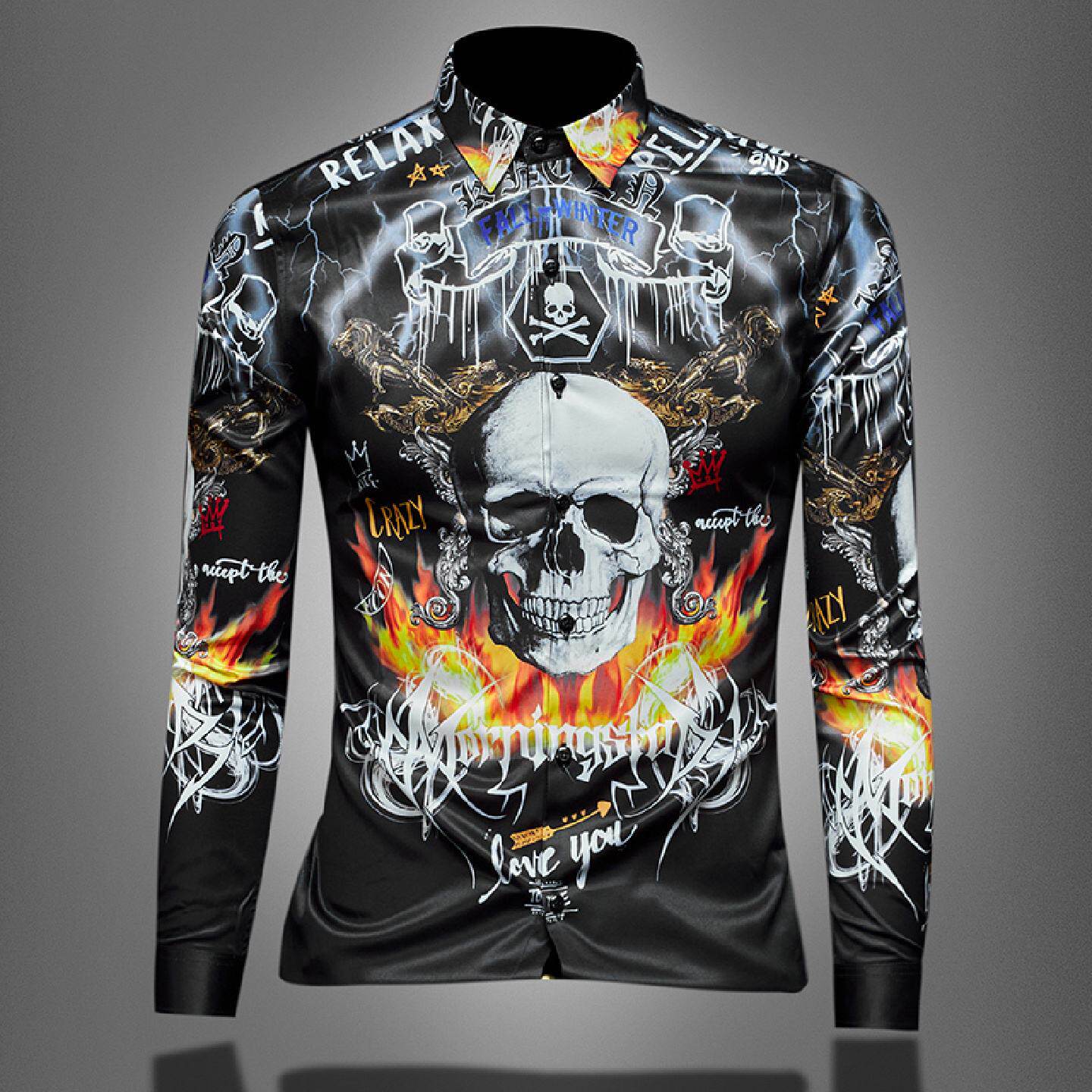 欧洲站衬衫男长袖年春季新款潮流休闲修身印花骷髅头大码衬衣潮男