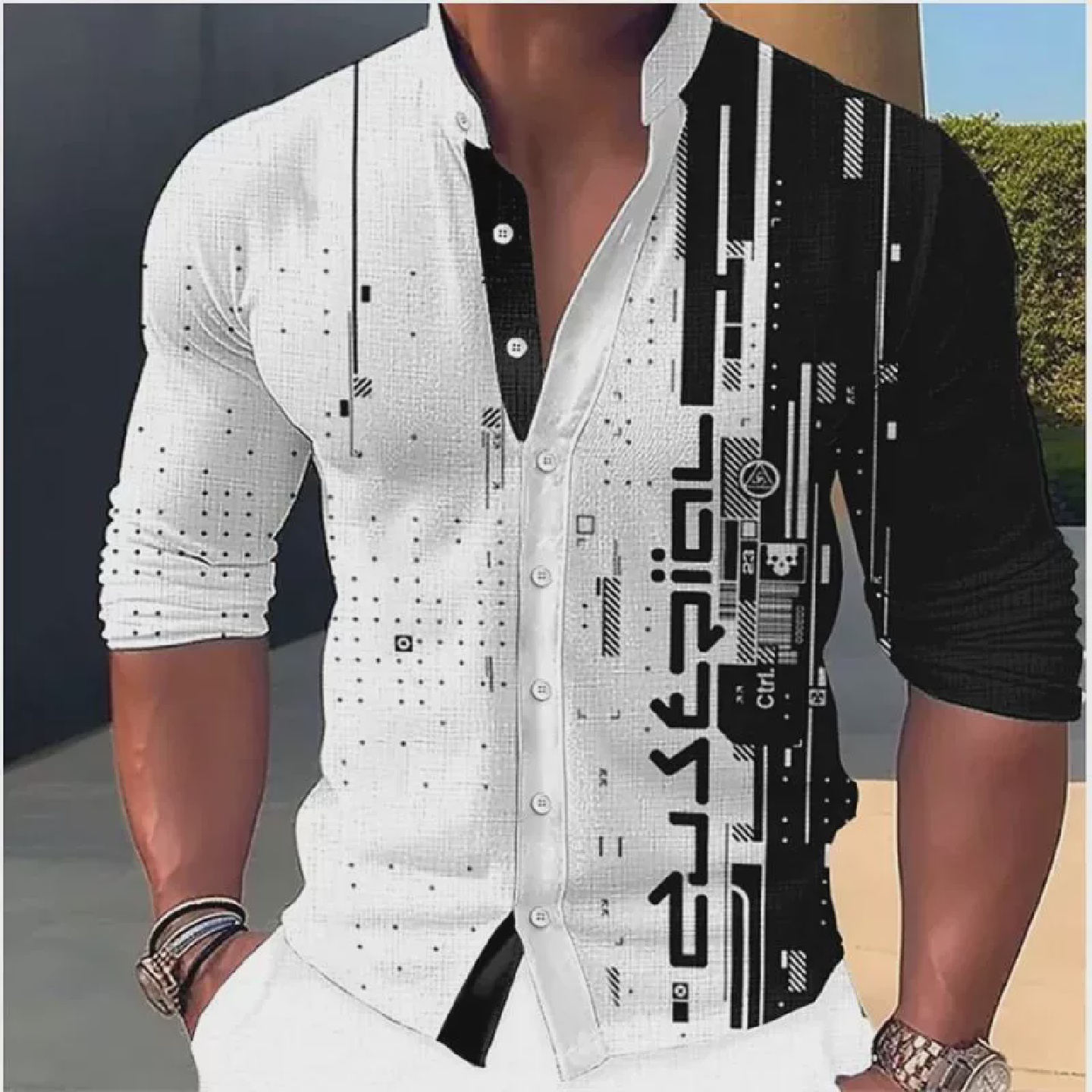 2024 Men's Shirt Pattern Printing Geometric Stand Collar Whi