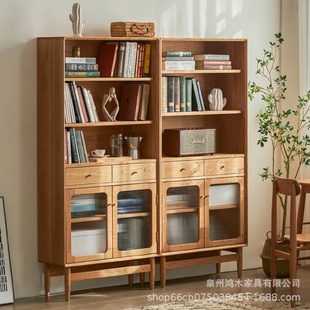 实木书柜家用轻奢储物组合柜北欧客厅多功能带门展示收纳书架 日式