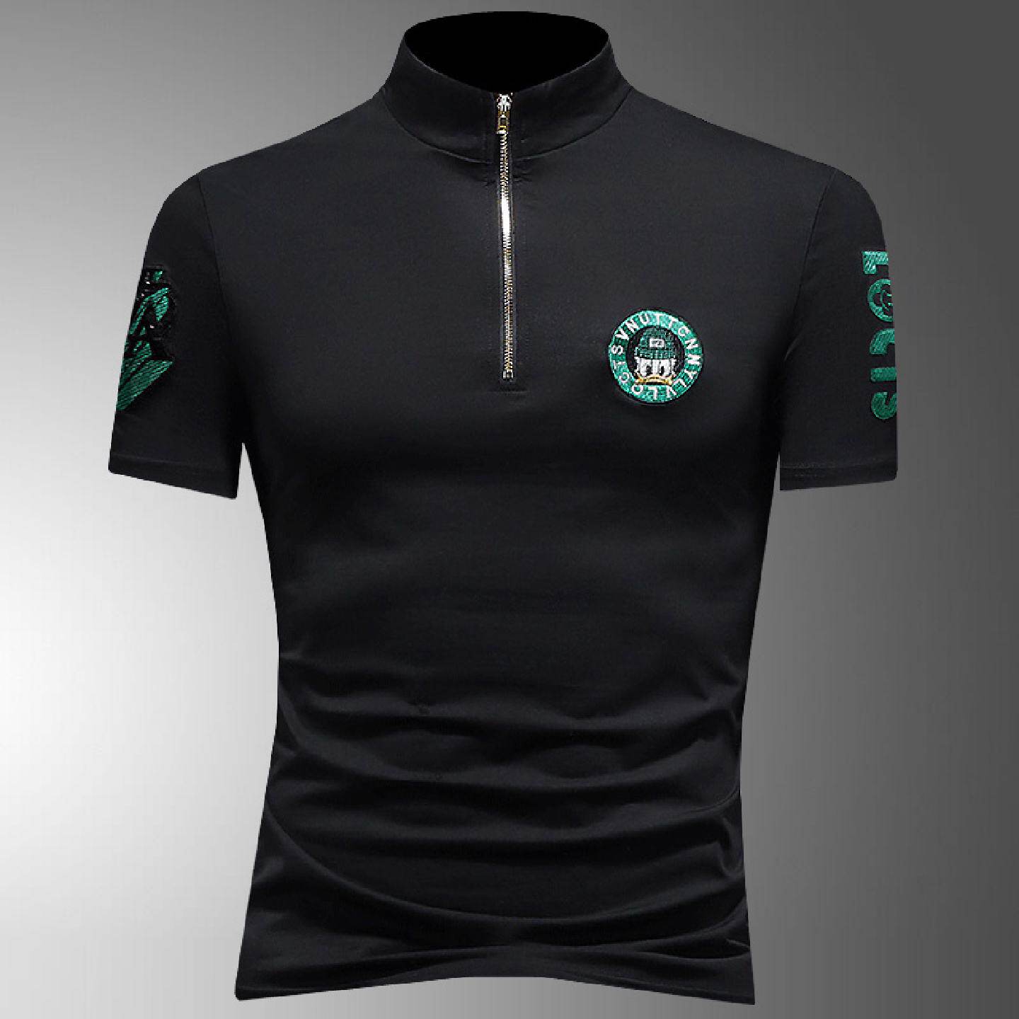 半拉链短袖恤男士丝光棉潮牌刺绣小高领打底衫夏季薄款半袖恤潮男