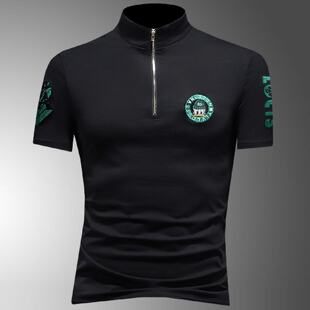 半拉链短袖恤男士丝光棉潮牌刺绣小高领打底衫夏季薄款半袖恤潮男