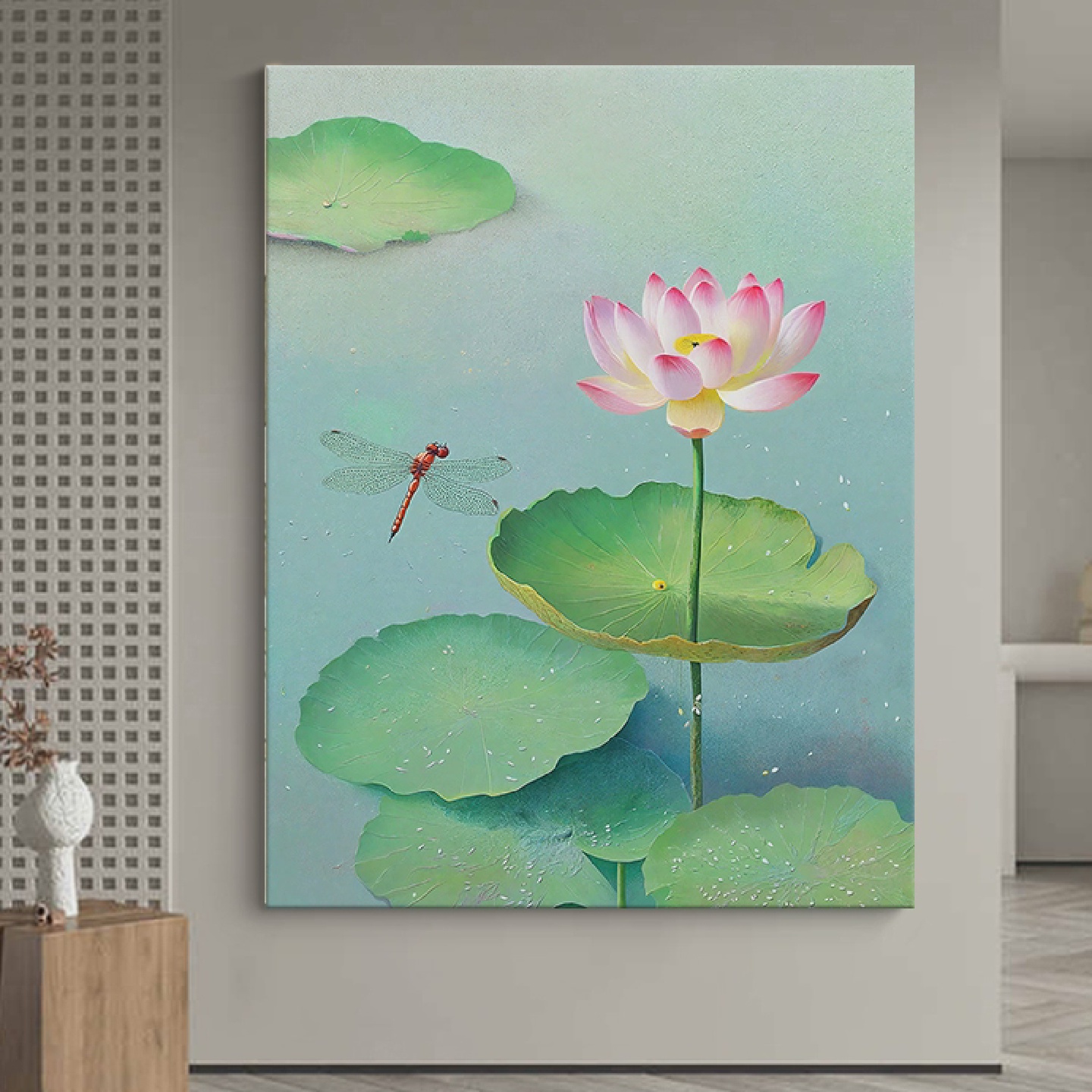 荷花好运莲莲手绘油画莲花荷叶客厅装饰画抽象新中式入户玄关挂画