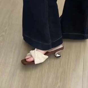 子2026复古编织坡跟罗马度假风方头露趾沙滩凉拖鞋 新款 气质优雅鞋