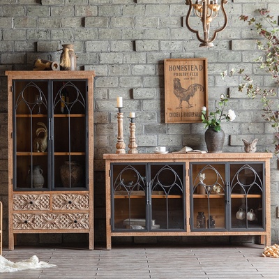 实木复古做旧杉木斗柜民宿卧室玄关柜原木色餐边柜客厅玻璃储物柜