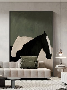侘寂风绿色客厅沙发背景墙装饰画轻奢高端骏马壁画玄关过道挂画