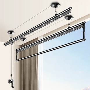 晾衣杆手动室内顶装 晾衣架阳台家用手摇升降双杆式 折叠晒衣架