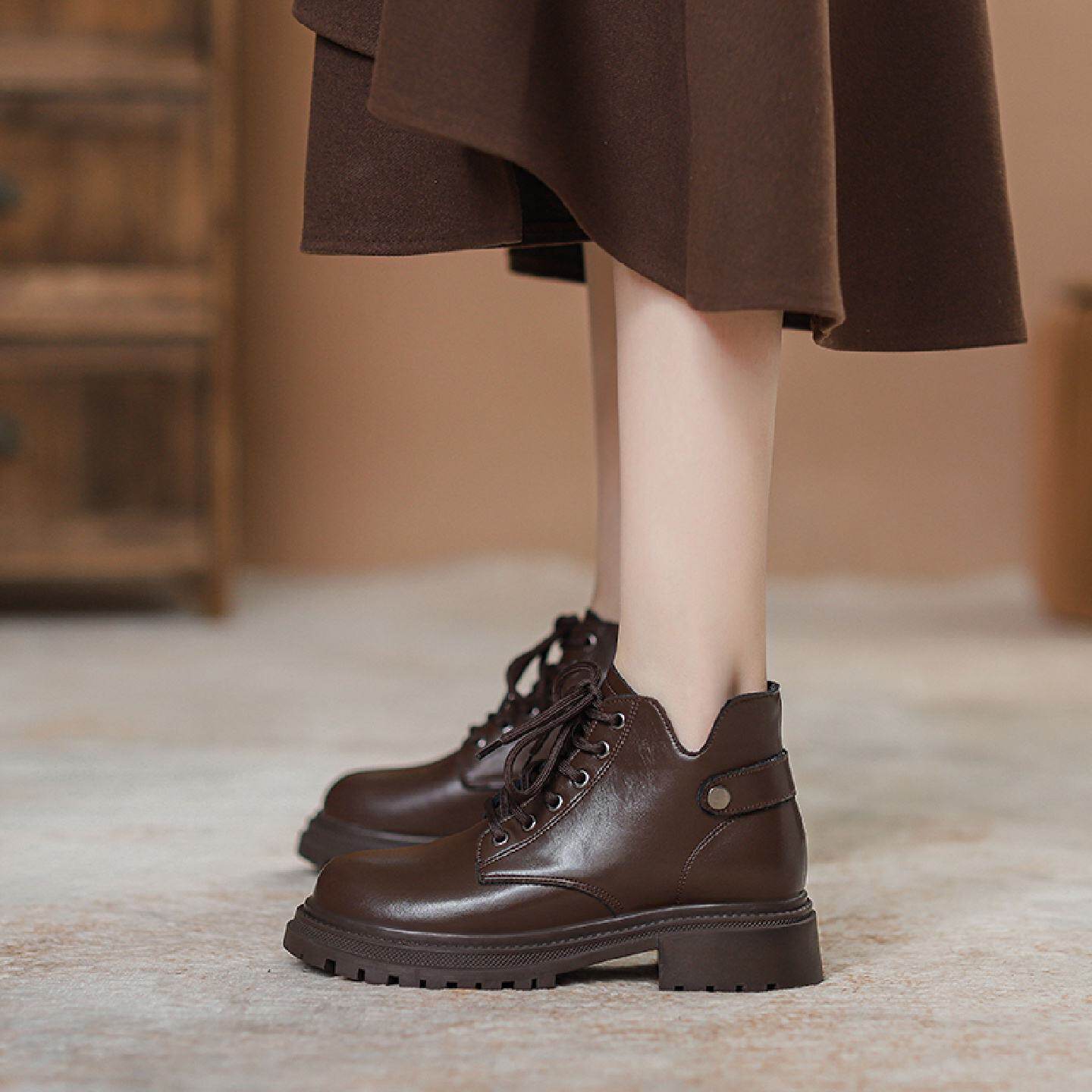 真皮马丁靴女款2025新款春秋单靴小个子女靴厚底英伦风棕色短靴子