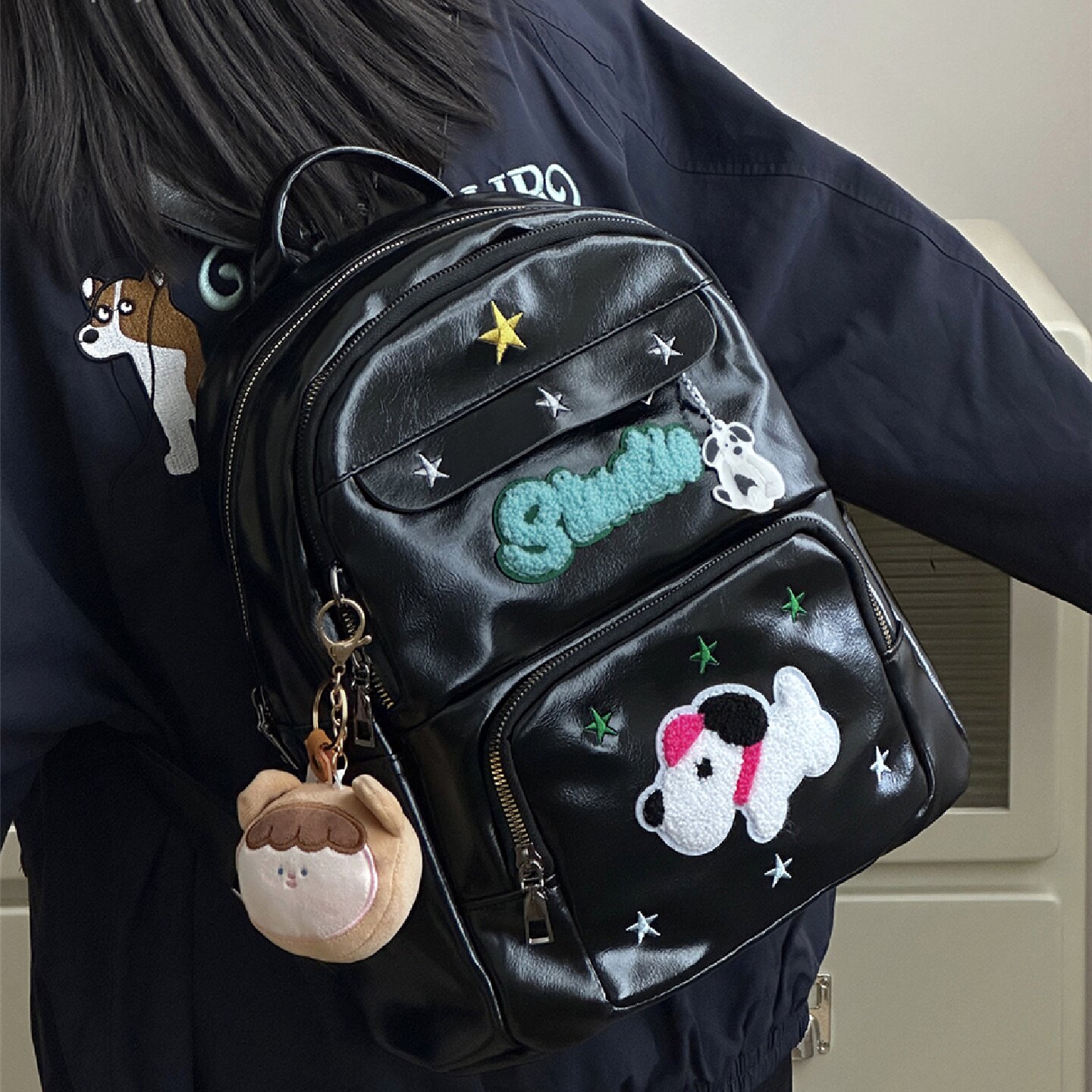 复古可爱小狗书包ins风小号出游学生双肩包y2k甜辣妹休闲pu背包