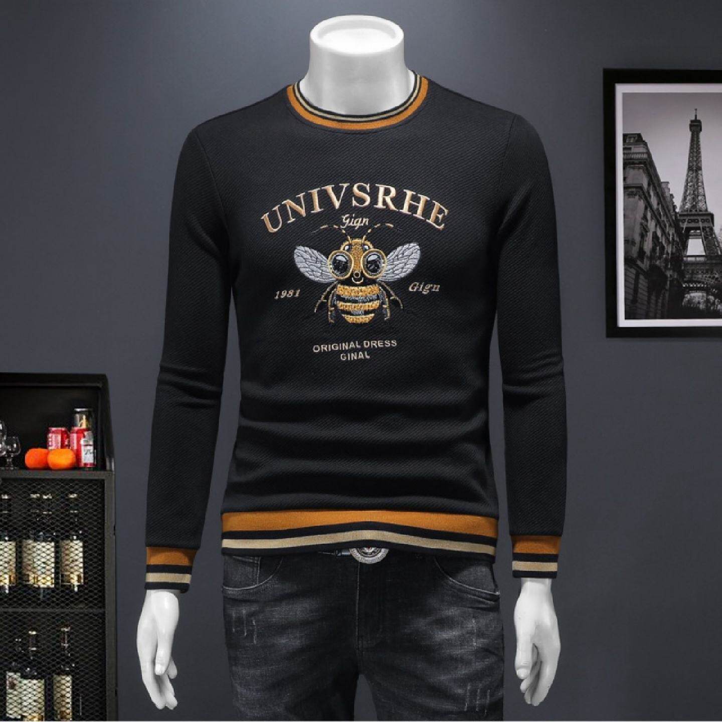 2026潮牌秋冬季字母刺绣圆领长袖卫衣男修身小蜜蜂套头痞帅恤衫上