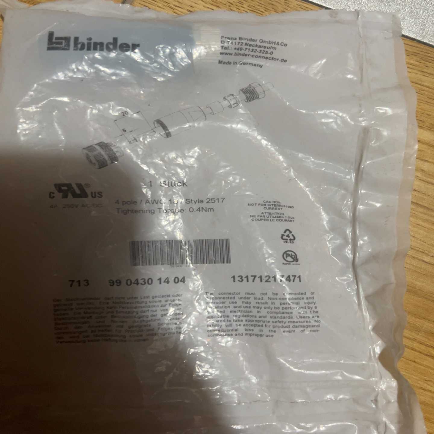询价~德国宾德binder机械连接器9906891904