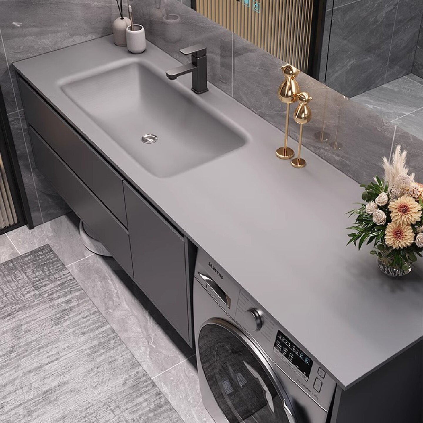 定制浴室柜洗衣机伴侣陶瓷一体盆岩板热弯洗漱手台面盆组合