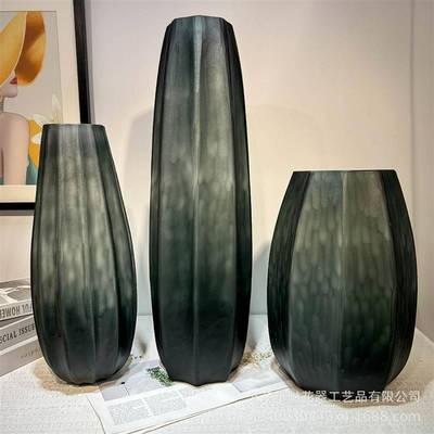 高端烟熏灰大口径落地手工磨镌刻花瓶艺术家居客厅样板间插花装饰