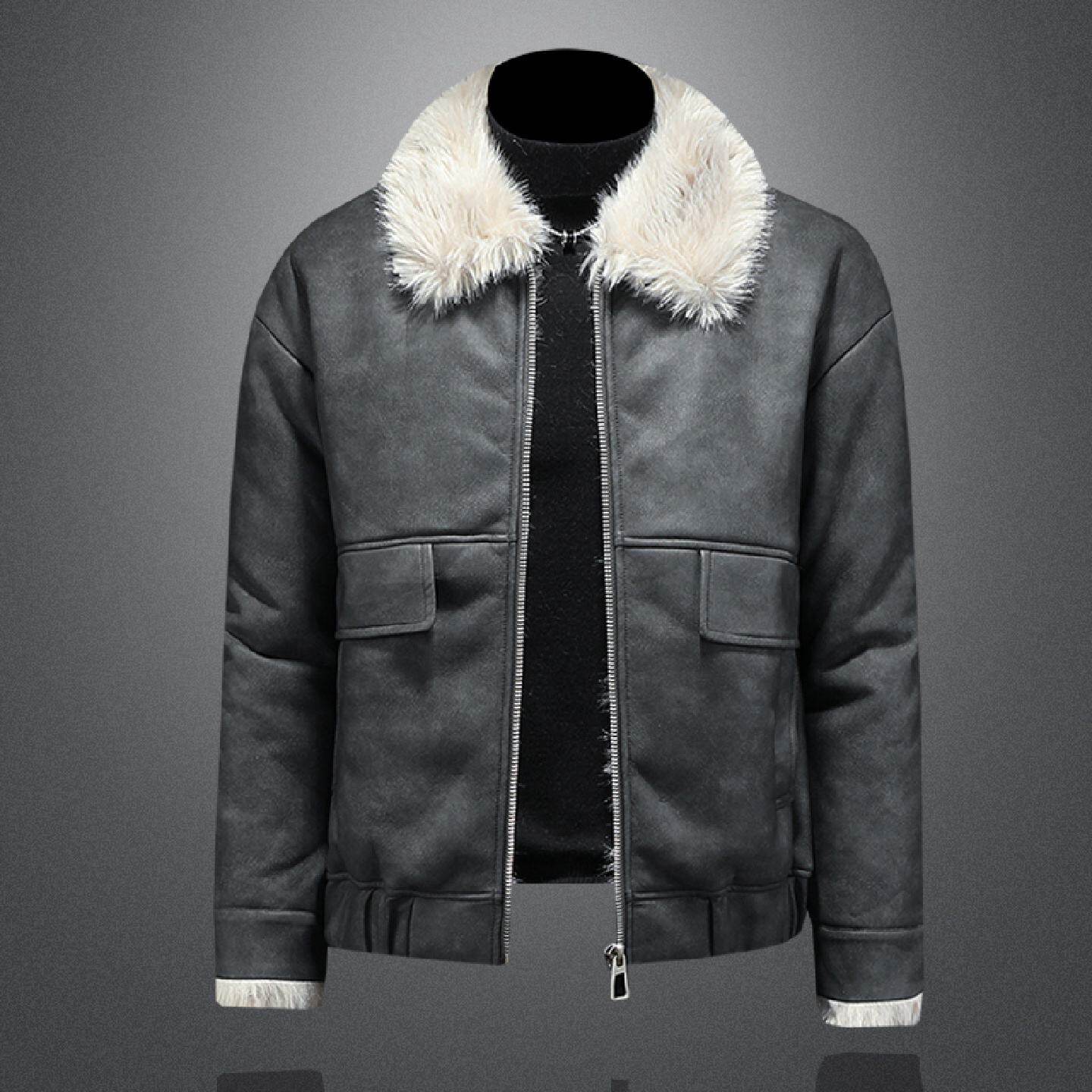 欧洲站皮毛一体夹克外套男冬季新款加绒加厚麂皮绒羊羔毛大码皮衣