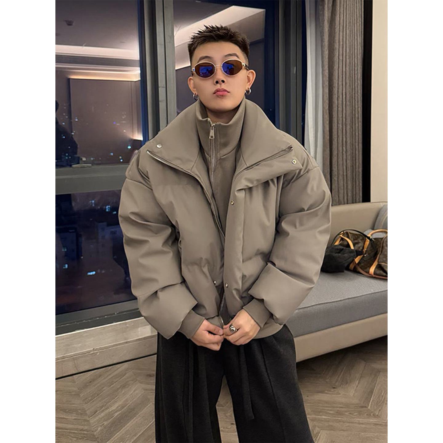 美式假两件羽绒棉服男士冬季潮牌痞帅高级感加厚短款pu皮立领外套