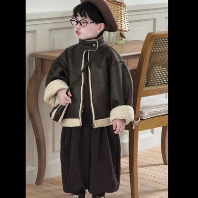 男童秋冬季加绒外套套装2025新款儿童韩版痞帅羊羔毛皮毛一体棉衣