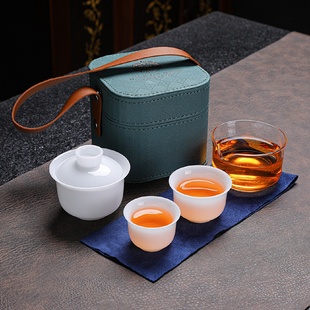 冰种玉瓷陶瓷盖碗茶杯一壶三杯快客杯户外随身迷你 旅行茶具小套装