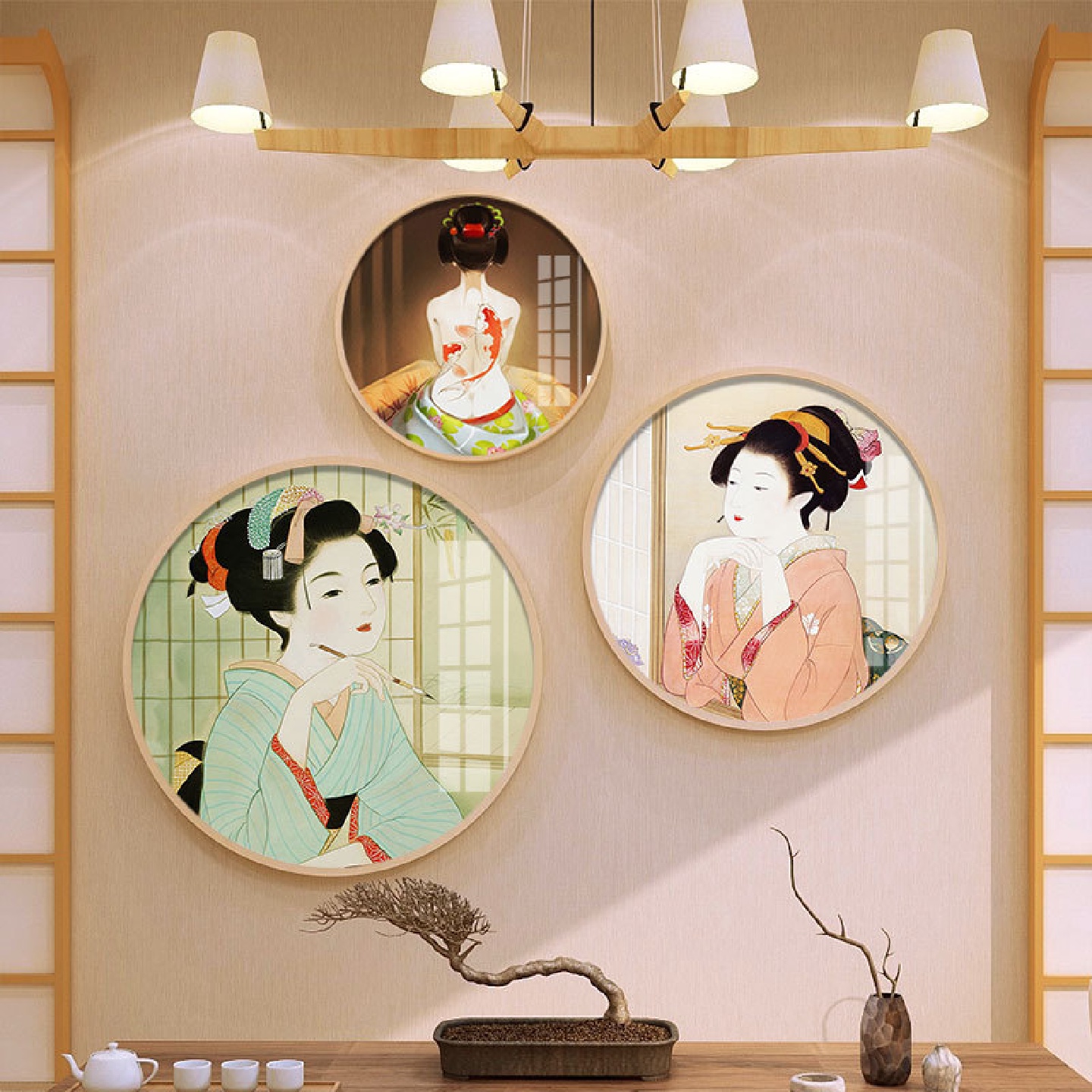 日式客厅挂画日本料理店和风餐厅浮世喷绘女图圆形装饰画厂家批发图片